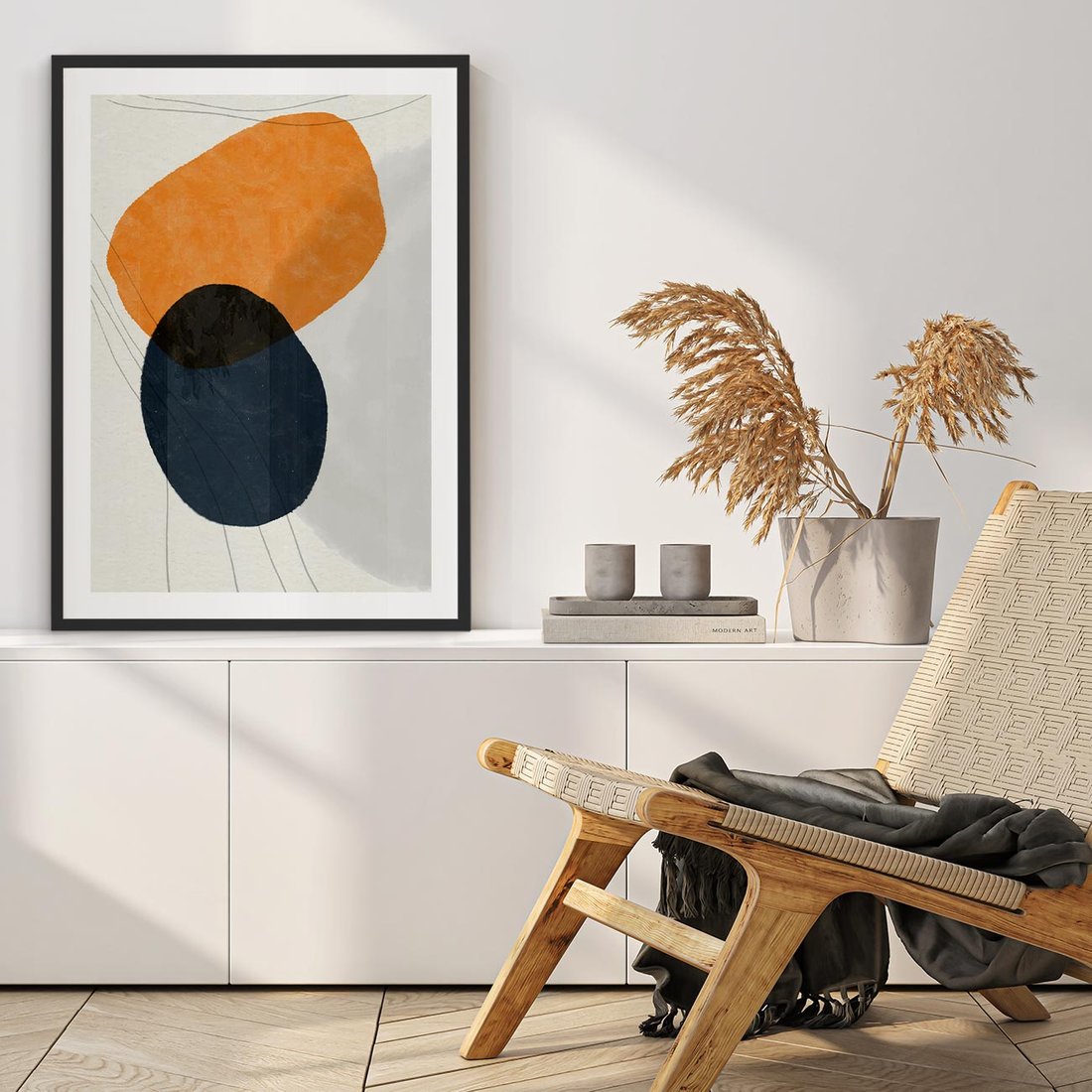 Plakat w ramie 50x70 - Podróżne Pastelowe Pejzaże - geometryczne elementy, stonowane kolory - rama czarna