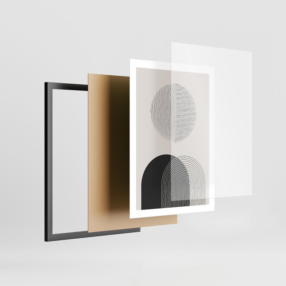 Plakat w ramie 50x70 - Przenikająca Rzeczywistość - abstrakcyjna kompozycja, okręgi i półokręgi - rama czarna