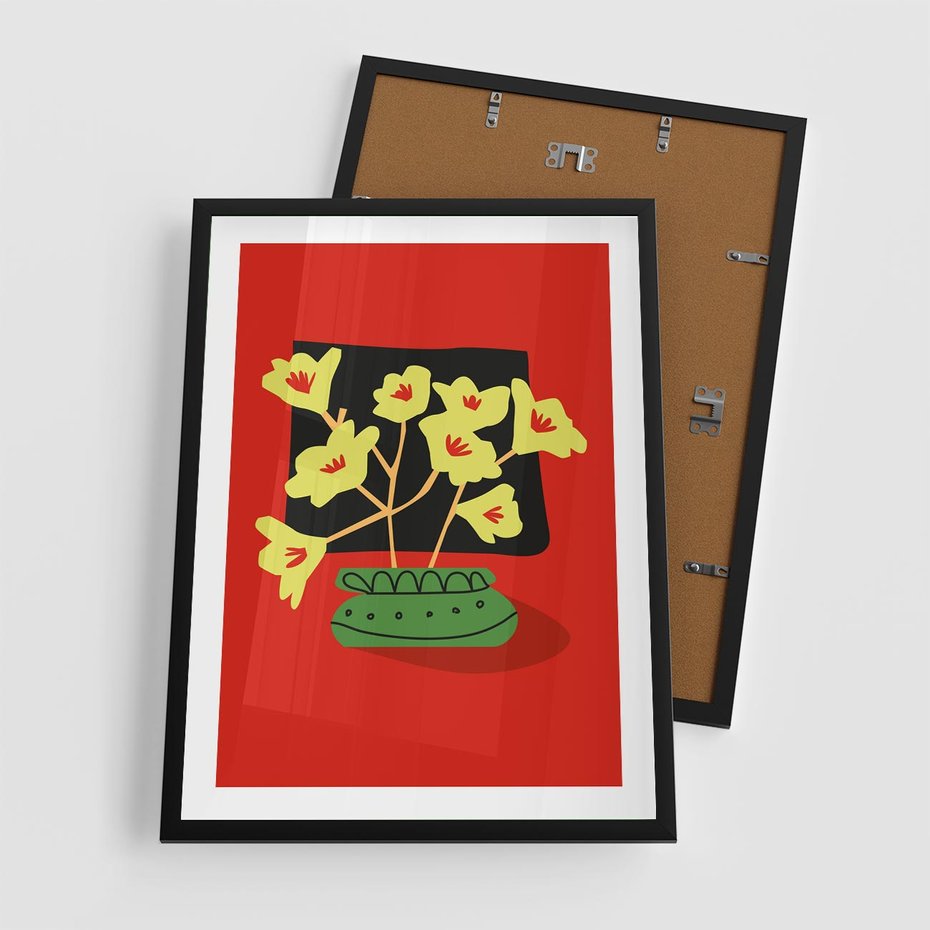 Plakat w ramie 50x70 - Abstrakcyjne Przenikanie - abstrakcyjne kwiaty, czerwone tło - rama czarna