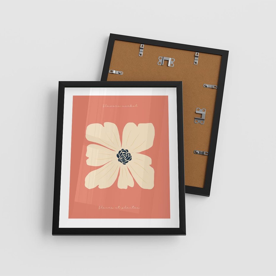 Plakat w ramie 40x50 - Malowane Kolorowe Echa - minimalistyczna grafika, biały kwiat na różowym tle - rama czarna