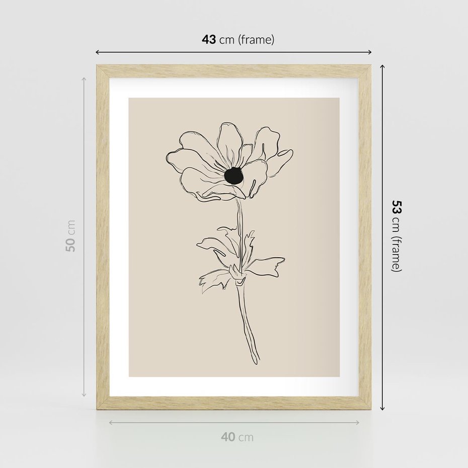 Plakat w ramie 40x50 - Przenikający Dialog - szkic kwiatu, mnimalistyczny szkic - rama drewno