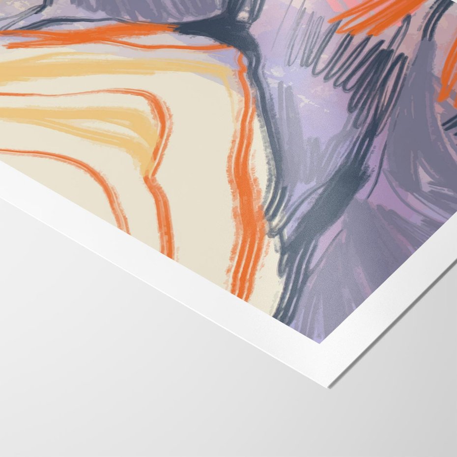 Plakat bez ramy 21x30 - Pokreślony Świat - abstrakcyjne formy, odcienie pomarańczu i fioletu