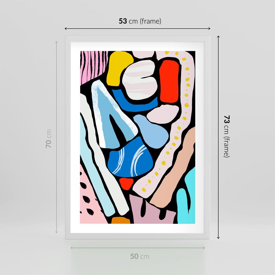 Plakat w ramie 50x70 - Kolory Na Czerni - abstrakcyjne formy, komiksowy styl - rama biała