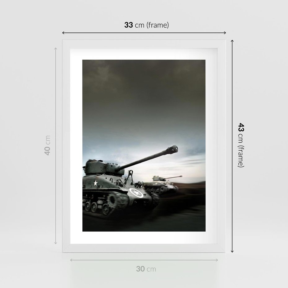 Plakat w ramie 30x40 - Siła i determinacja: czołgi wojenne - czołgi, wojna - rama biała