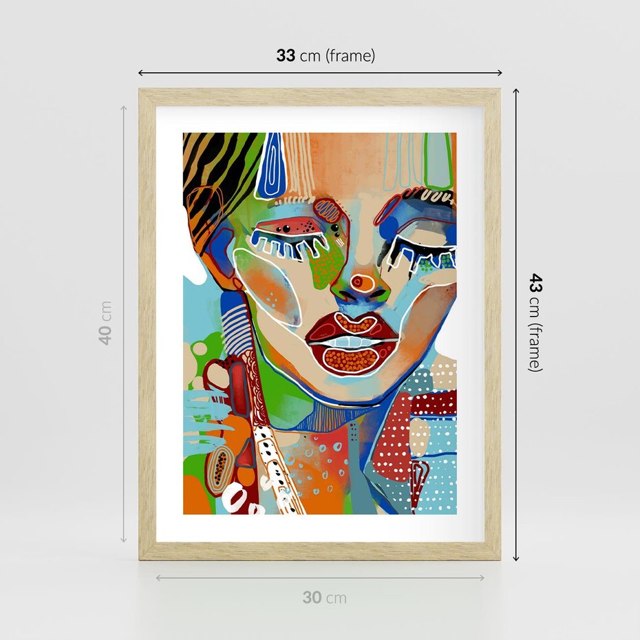 Plakat w ramie 30x40 - Kolorowe Formy - abstrakcyjny portret kobiety, twarz - rama drewno