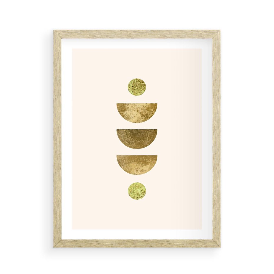 Plakat w ramie 50x70 - Harmonijne Odbicia - geometryczne złote kształty, tekstura - rama drewno