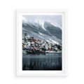 Plakat w ramie 50x70 - Skandynawia na Wzgórzach - domki na wzgórzu, skandynawia - rama biała
