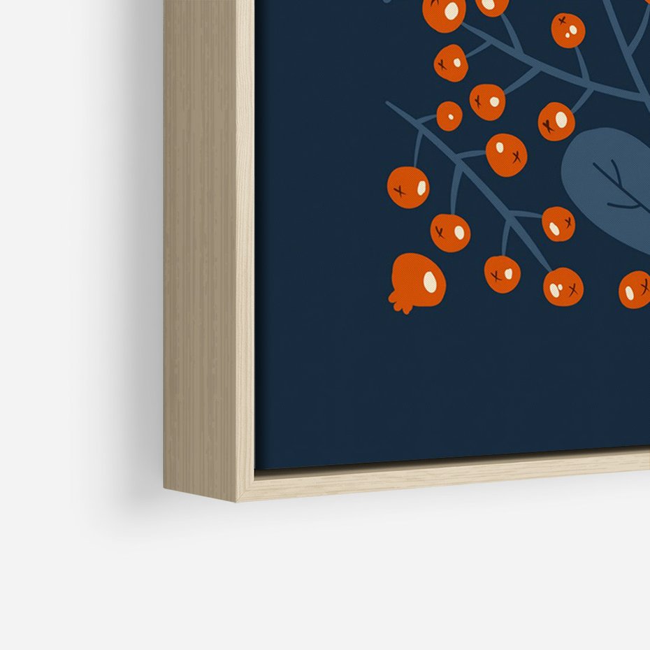 Obraz w ramie 50x70 - Symfonia liści i owoców - granatowe tło, pomarańczowe owoce jarzębiny - rama drewno