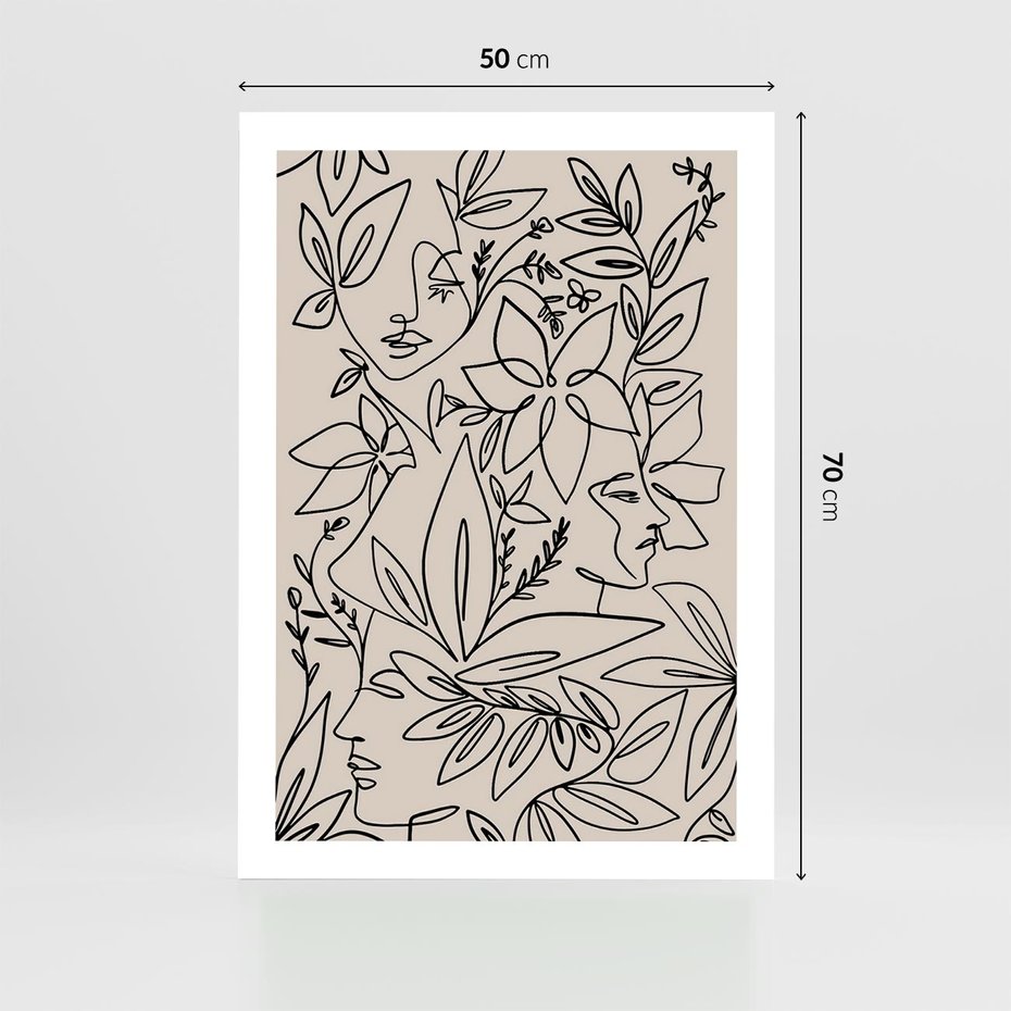 Plakat bez ramy 50x70 - Kobiecy Portret Duszy - beżowe tło, czarny szkic nowoczesnych kwiatów