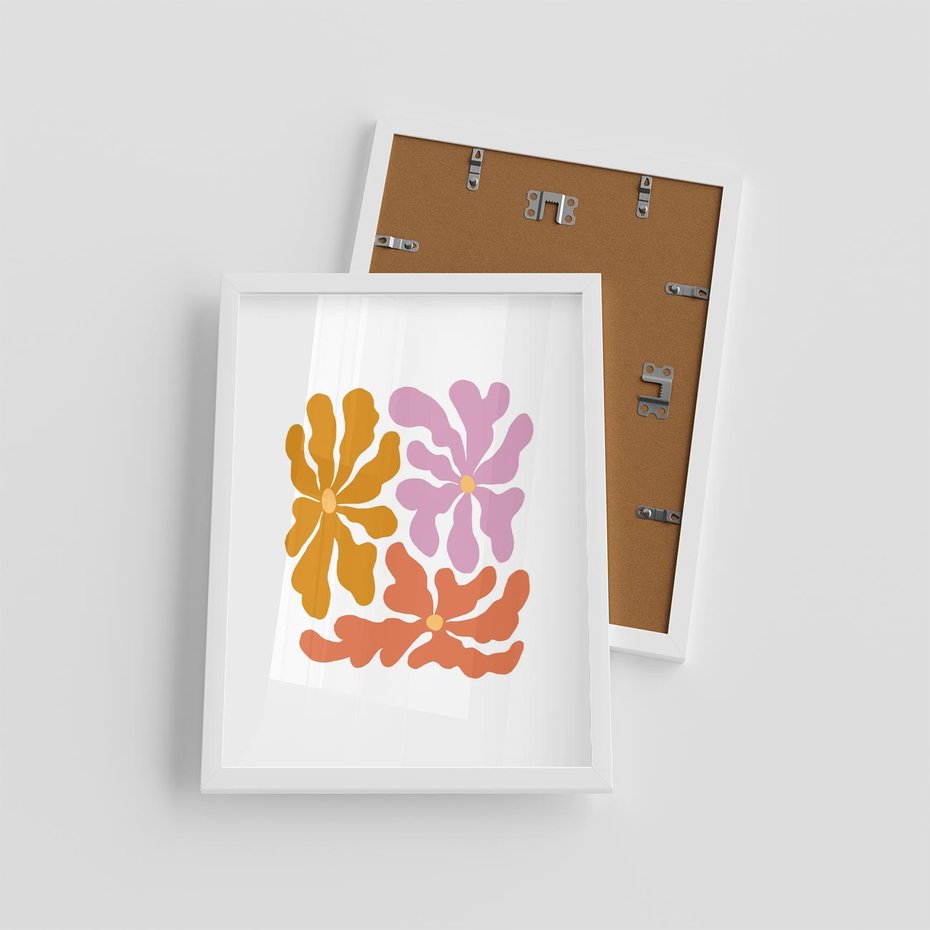 Plakat w ramie 30x40 - Rozbijające Refleksje - abstrakcyjne kolorowe kwiaty, minimlizm - rama biała