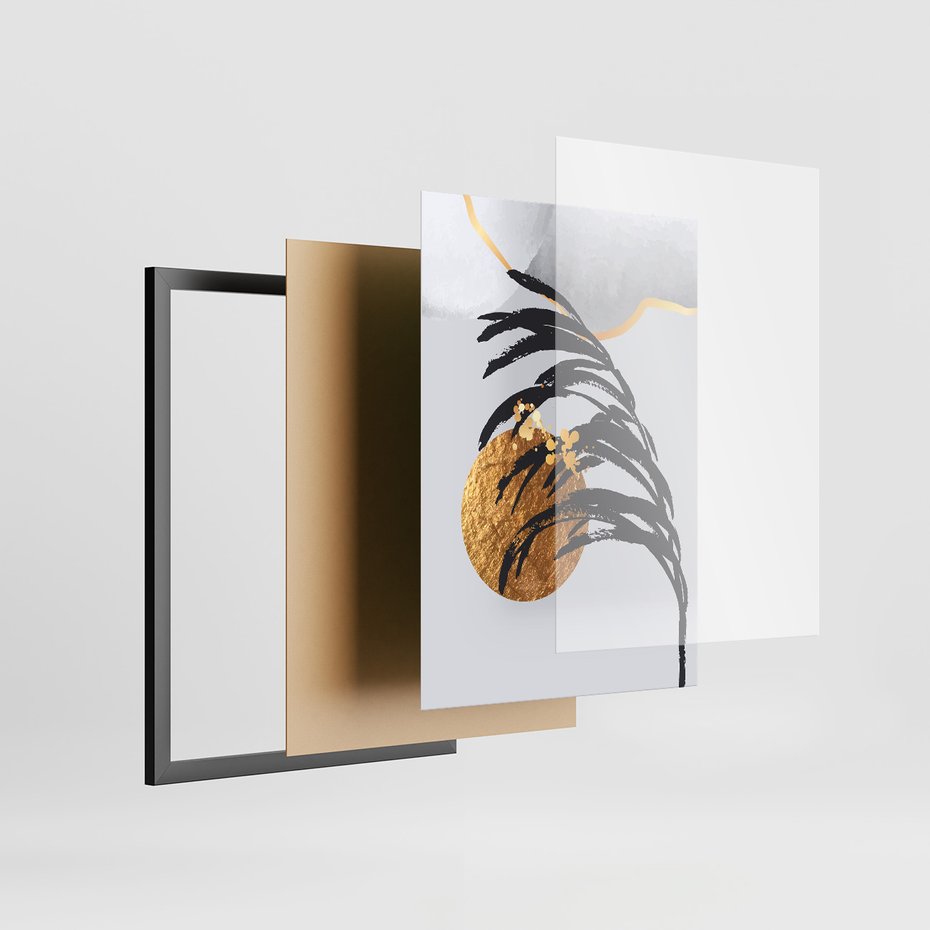 Zestaw obrazy w ramie 50x70 galeria - Liście, tropikalne, złote - rama czarna