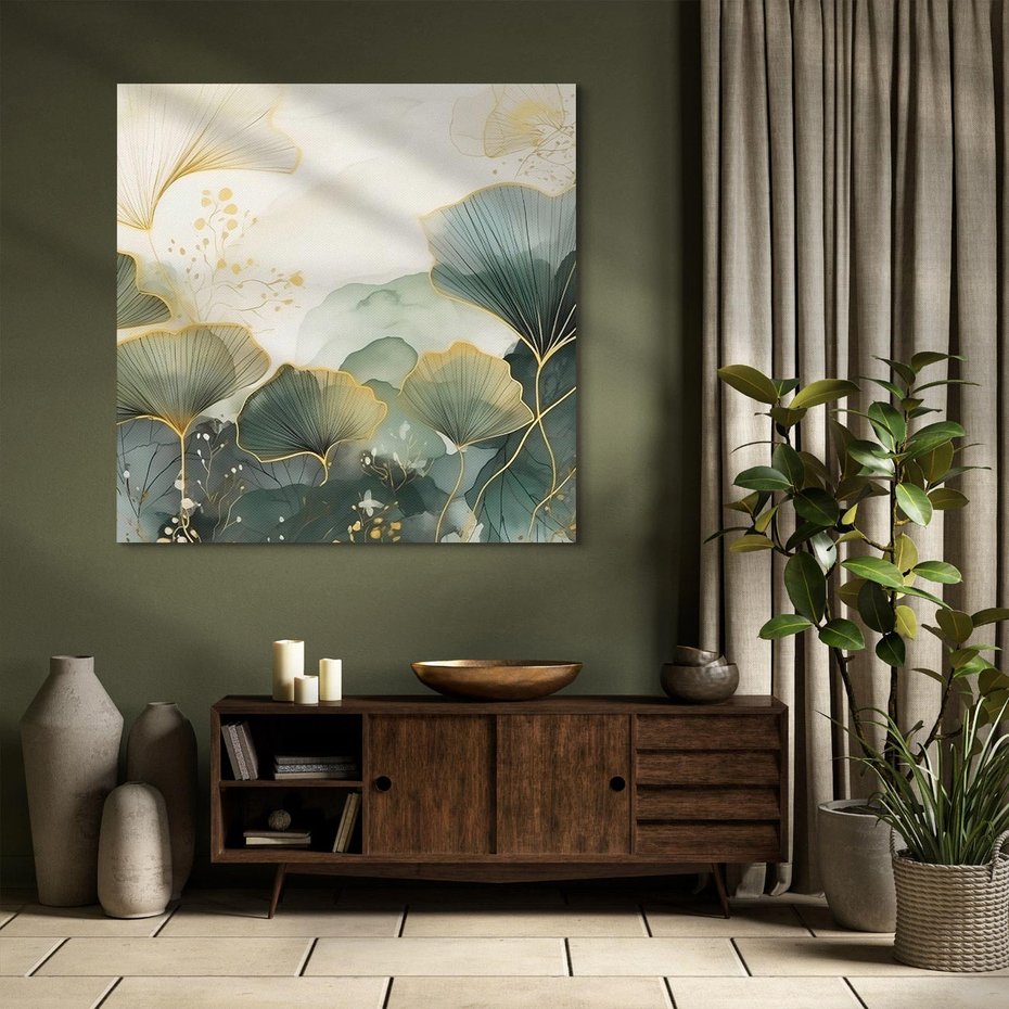 Obraz na płótnie 40x40 - Natura w Złotym Odcieniu - złote elementy, liście miłorzębu japońskiego