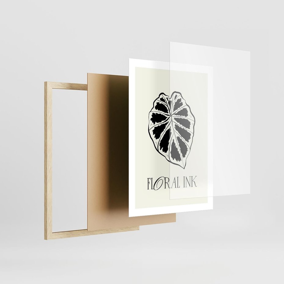 Plakat w ramie 50x70 - Zapisane na liściach wspomnienia - liść, czarny kontur na jasnym tle - rama drewno