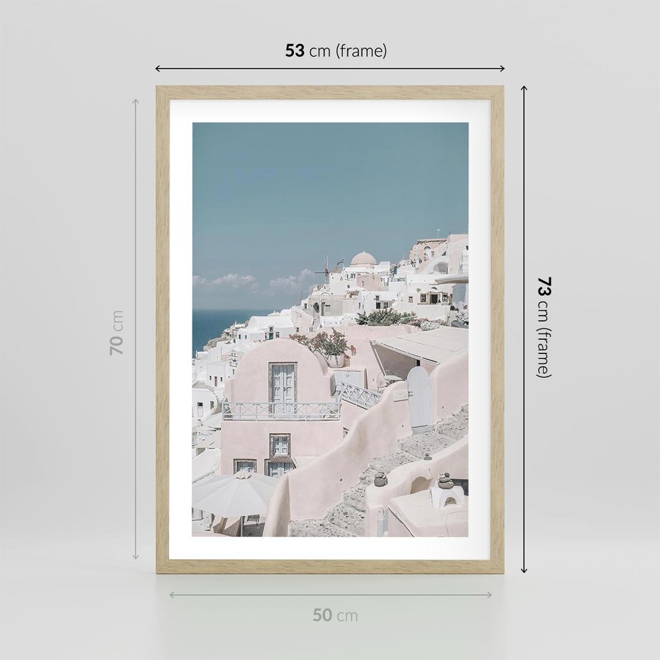 Plakat w ramie 50x70 - Śródziemnomorski Urok - zdjęcie Santorini, białe budynki - rama drewno