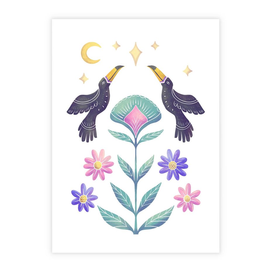 Plakat bez ramy 21x30 - Przenikająca Dżungla - boho plakat, tukany