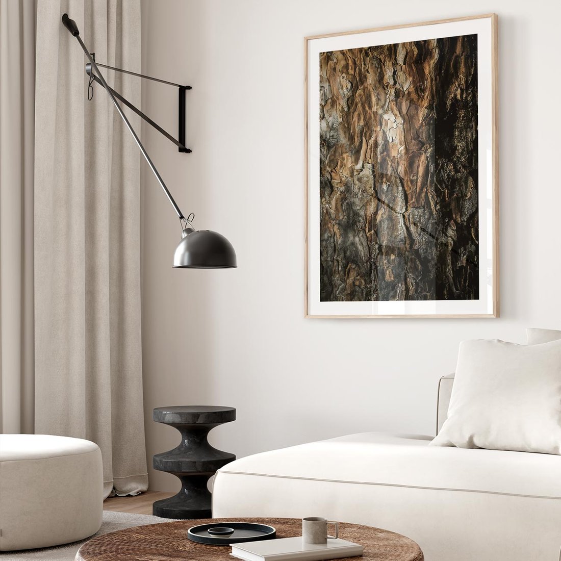 Plakat w ramie 50x70 - Tekstura Drewna: Zbliżenie - zbliżenie na pień drzewa, tekstura - rama drewno