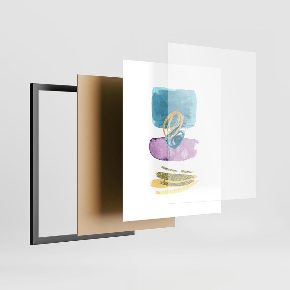 Plakat w ramie 40x50 - Taniec Akwarelowych Kresek - akwarelowe plamy w odcieniach błękitu, złote kreski - rama czarna
