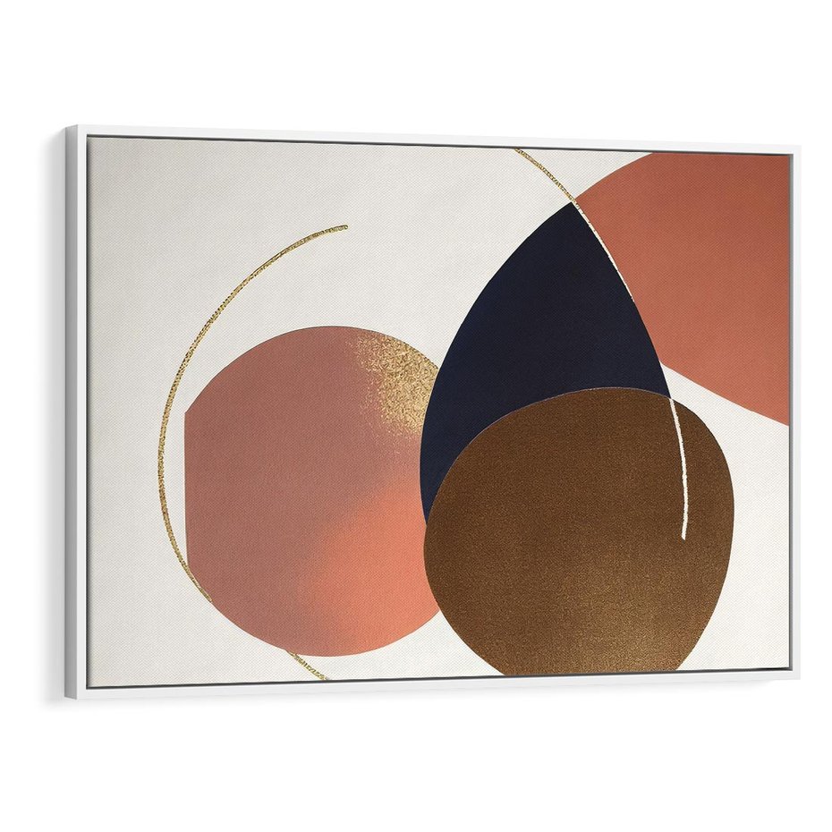 Obraz w ramie 70x50 - Pudrowe Kreacje - abstrakcyjne plamy koła złote linie modern art - rama biała