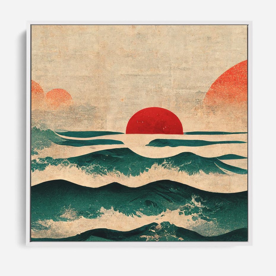 Obraz w ramie 50x50 - Czerwone Melodie - japońska sztuka, zachód słońca nad oceanem - rama biała