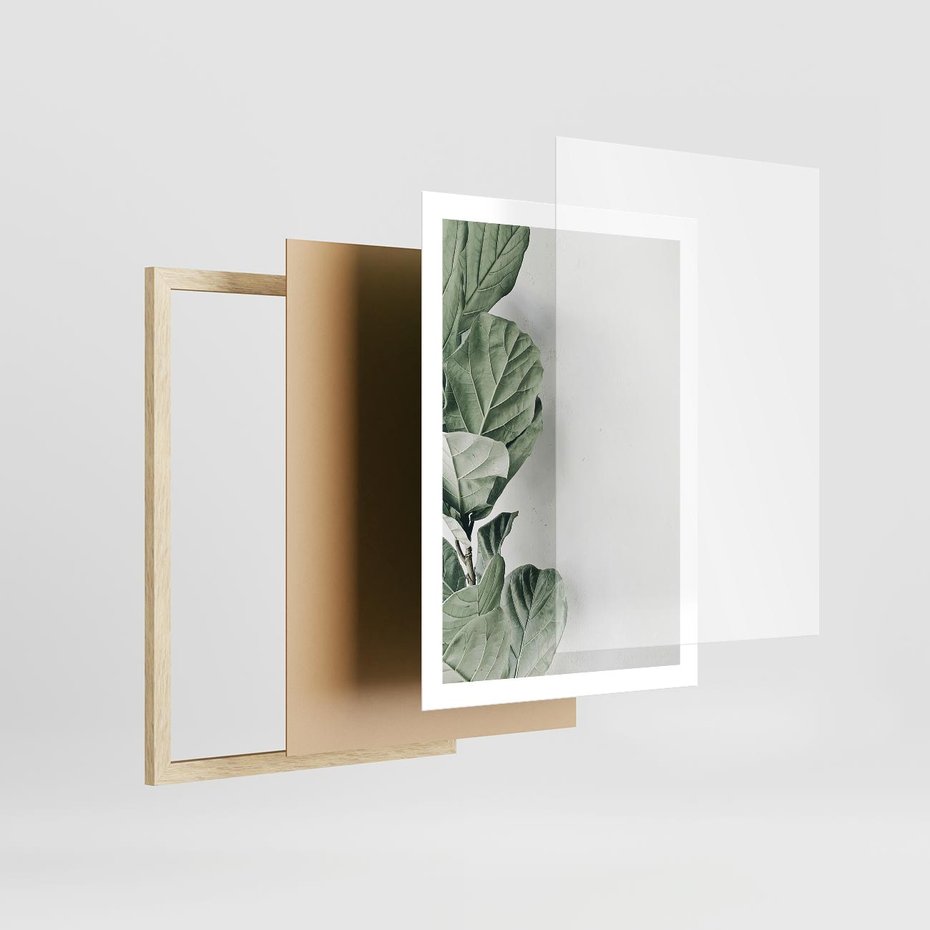 Plakat w ramie 50x70 - Minimalistyczna Harmonia: Zieleń Liści - zieone liście, kompozycja - rama drewno