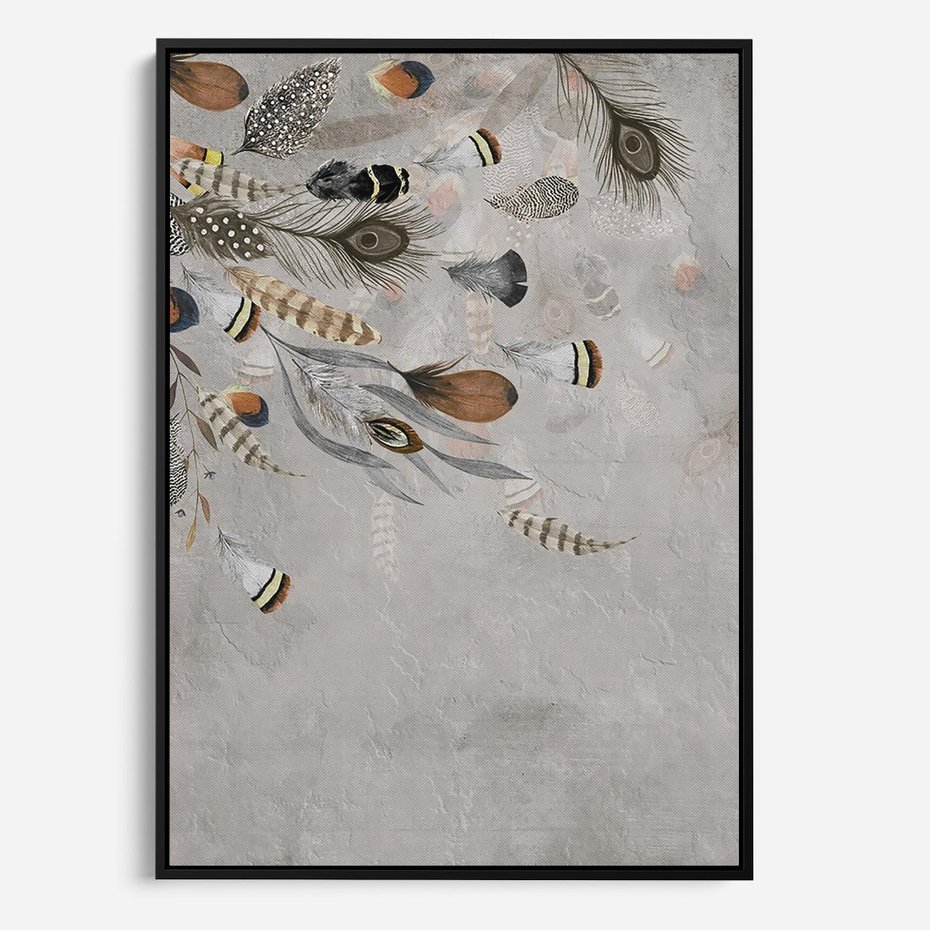 Obraz w ramie 50x70 - Sploty losu na płótnie - kompozycja boho piór, indiańskie pióra - rama czarna