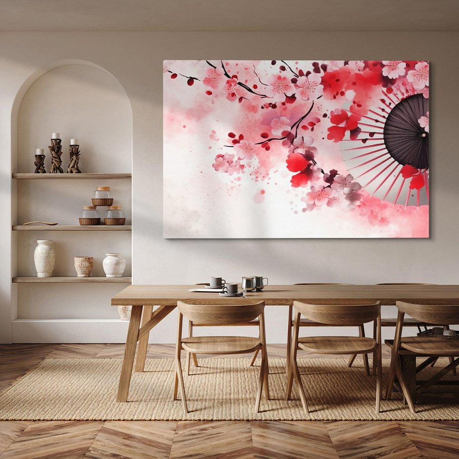 Obraz na płótnie 120x80 - Szept Kwitnącej Wiśni - japoński parasol, liście