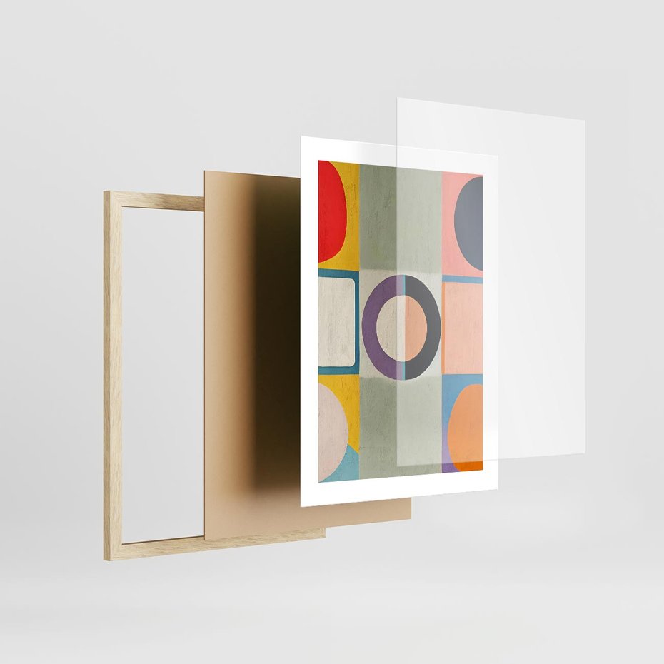 Plakat w ramie 30x40 - Taniec Kształtów Emocji - abstrakcyjne geometryczne kształty, olejny obraz - rama drewno