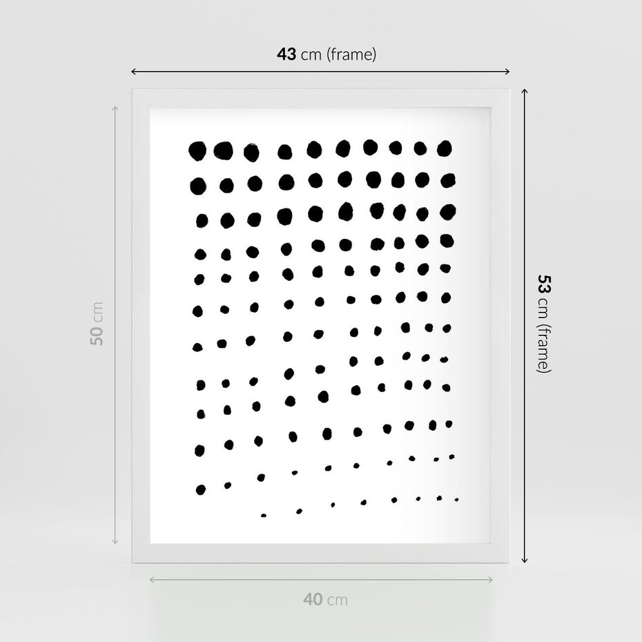 Plakat w ramie 40x50 - Abstrakcyjna Transformacja - abstrakcyjna kompozycja z czarnych kropek, minimalistyczny czarno bialy plakat - rama biała