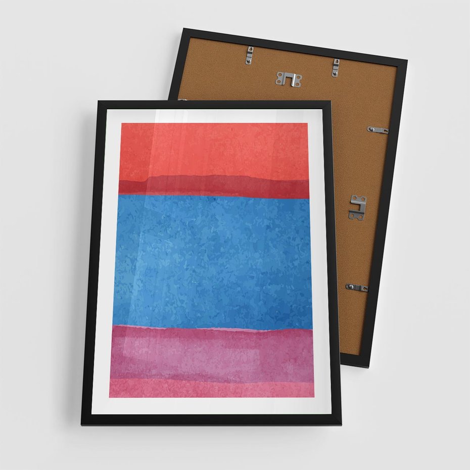 Plakat w ramie 50x70 - Migocące Formy - kolorowe akwarelowe pasy, odcienie czerwień - rama czarna