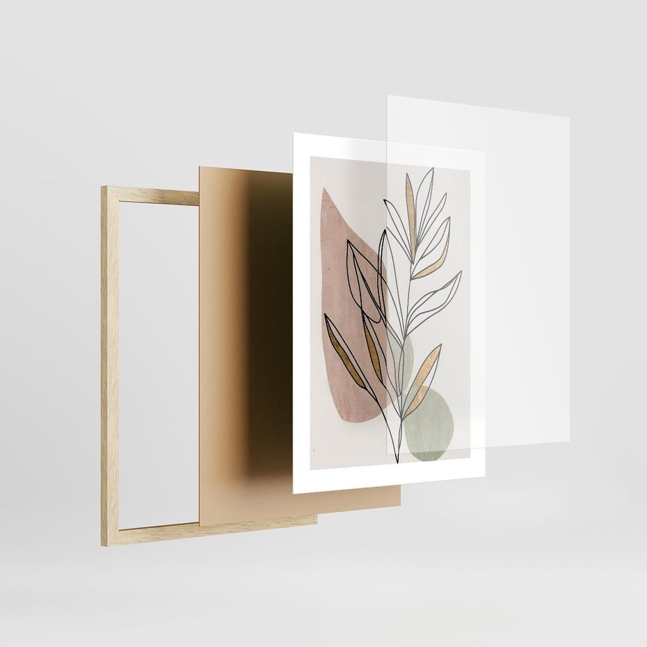 Plakat w ramie 30x40 - Impulsy Subtelnej Harmonii - abstrakcyjny obraz boho, liście - rama drewno