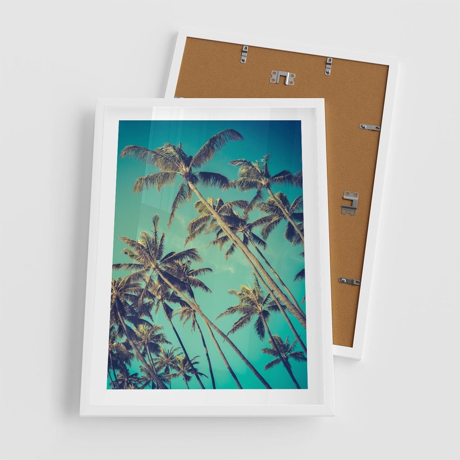 Plakat w ramie 50x70 - Tropikalne palmy w krainie słonecznych wakacji - palmy, tropiki - rama biała
