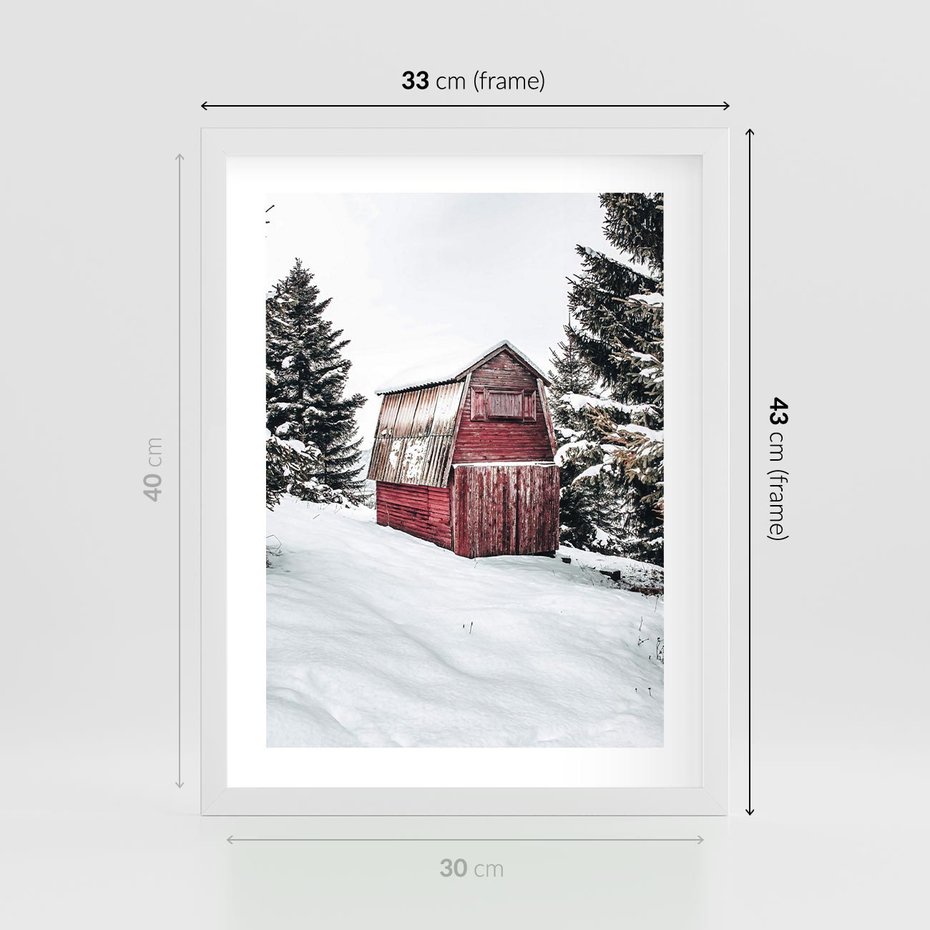 Plakat w ramie 30x40 - Domek w Śnieżnych Górach - domek, góry - rama biała