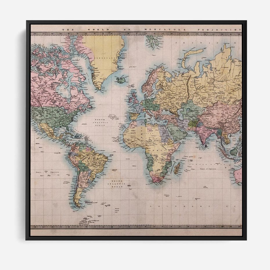 Obraz w ramie 50x50 - Światło Przeszłości - retro mapa świata, mapa - rama czarna