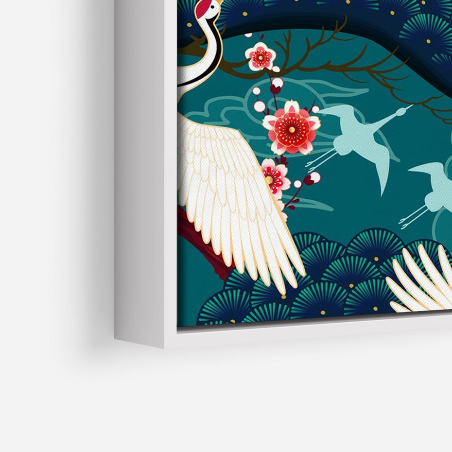 Obraz w ramie 70x100 - Żurawie Wachlarze - orientalne japońskie żurawie, grafika - rama biała