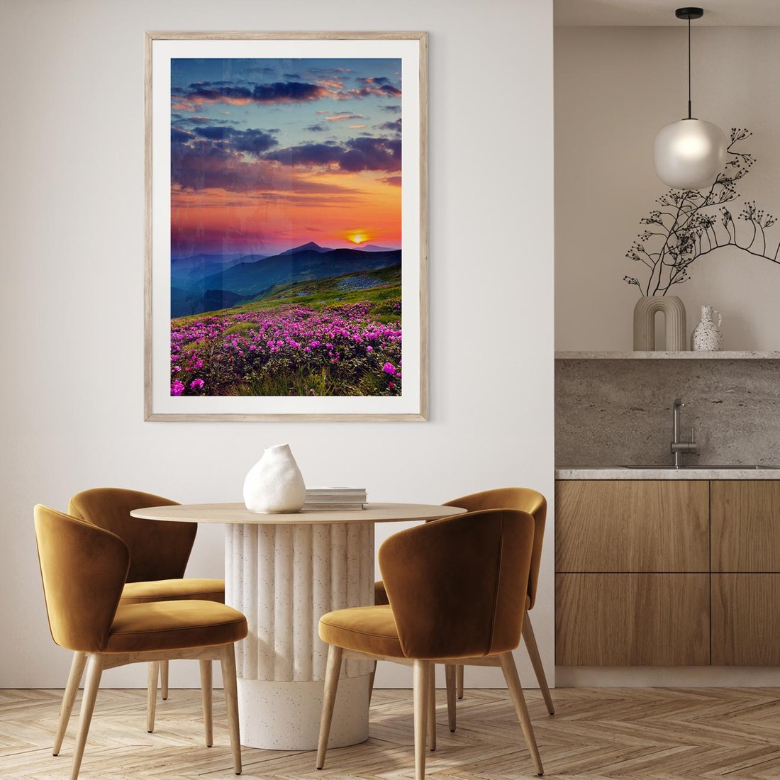 Plakat w ramie 50x70 - Górski Zachód - góry, łąka - rama drewno