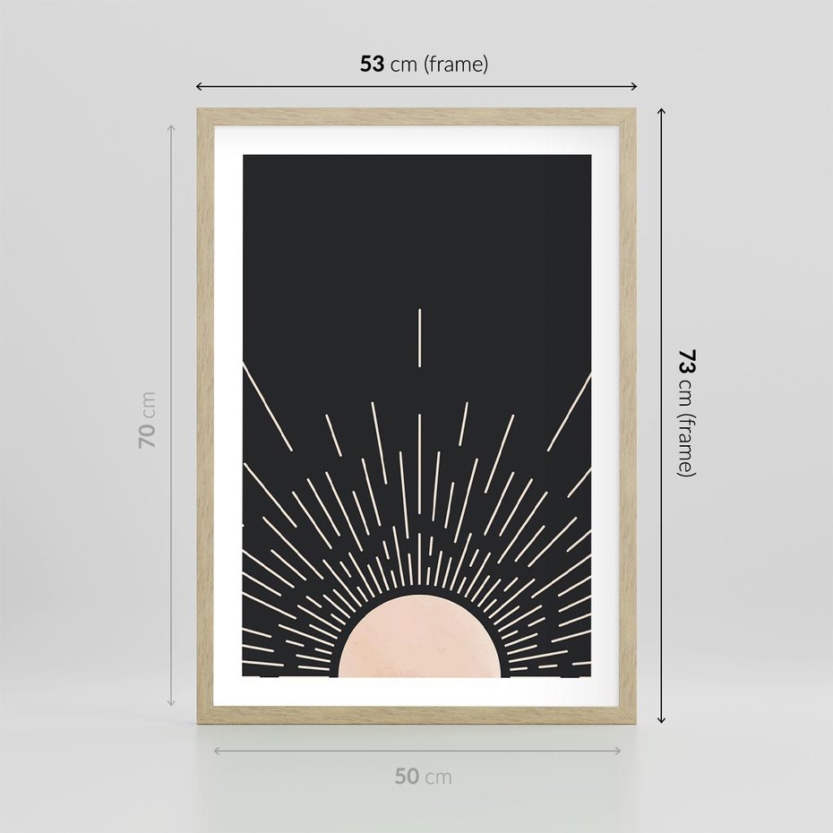 Plakat w ramie 50x70 - Słoneczny Portret Duszy - boho czarne słońce, nowoczesna grafika - rama drewno