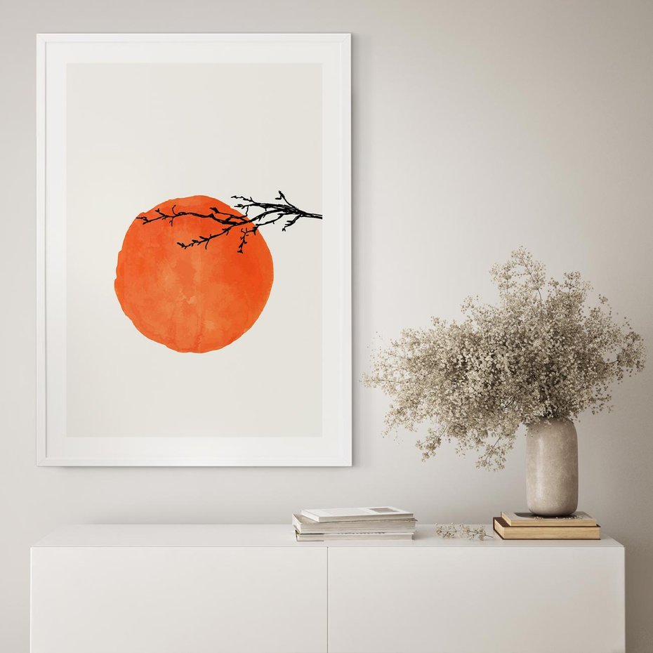 Plakat w ramie 40x50 - Słońce i Gałązka - pomarańczowe słońce, gałązka - rama biała
