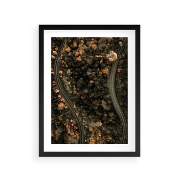 Plakat w ramie 40x50 - Las i Droga w Kolorach Jesieni - droga, ujęcie z góry - rama czarna
