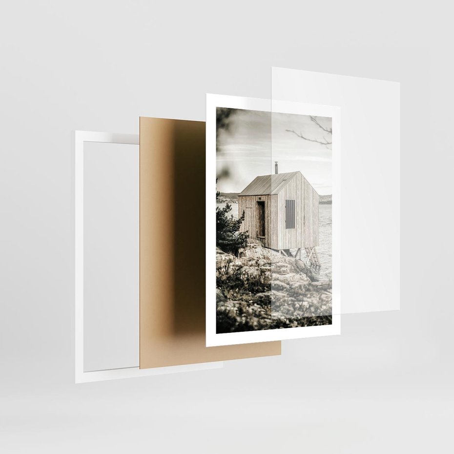 Plakat w ramie 50x70 - Nostalgiczna Oaza - rustykalny domek, domek nad jeziorem - rama biała