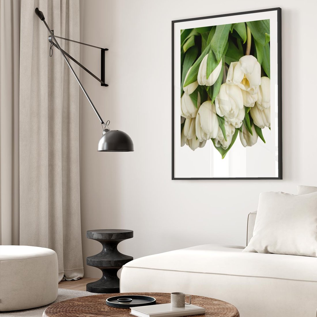 Plakat w ramie 50x70 - Białe tulipany w pełnym rozkwicie - białe, tulipany - rama czarna