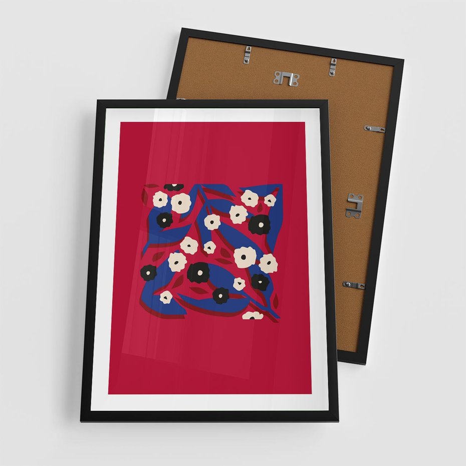 Plakat w ramie 50x70 - Kolorowe Przenikanie - abstrakcyjna kwiatowa kompozycja, czerwone mocne tło - rama czarna