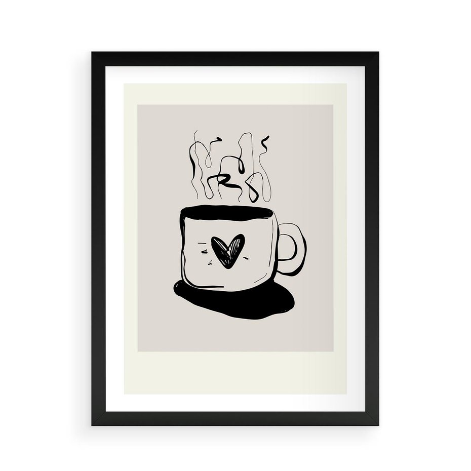 Plakat w ramie 50x70 - Grafika Kubka w Czerni i Bieli - kubek, grafika - rama czarna