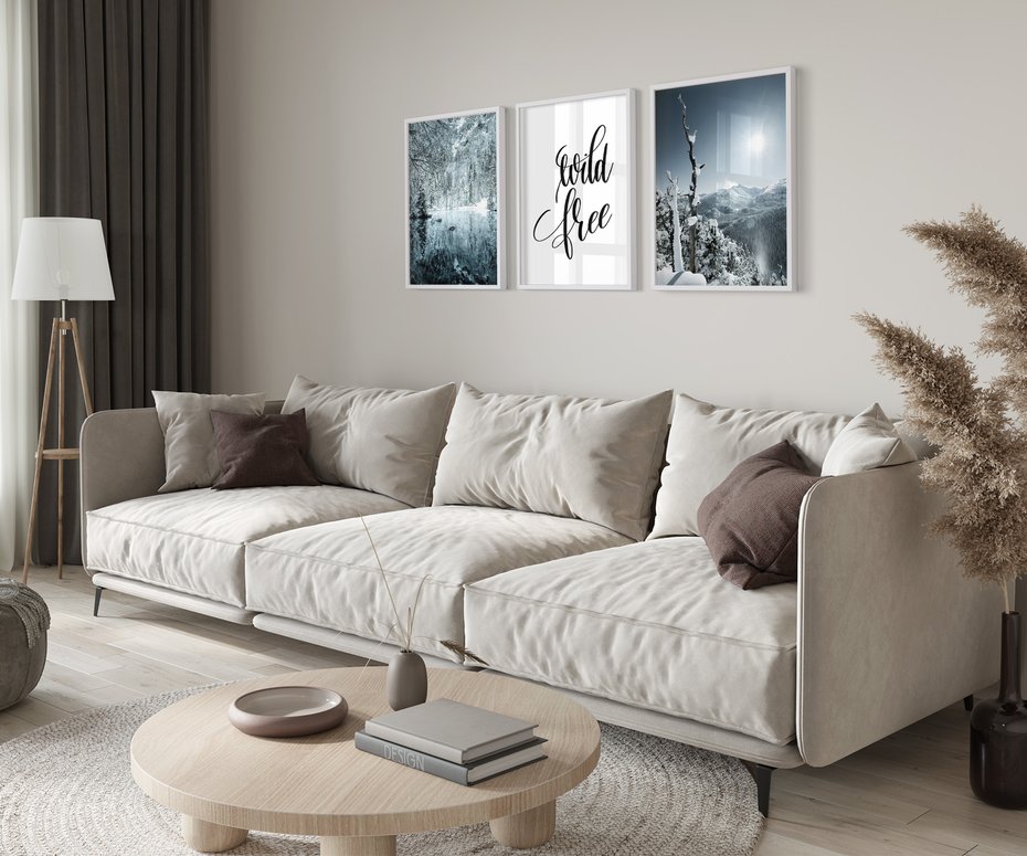 Zestaw obrazy w ramie 50x70 galeria - Góry, zima, napis, cytat - rama biała