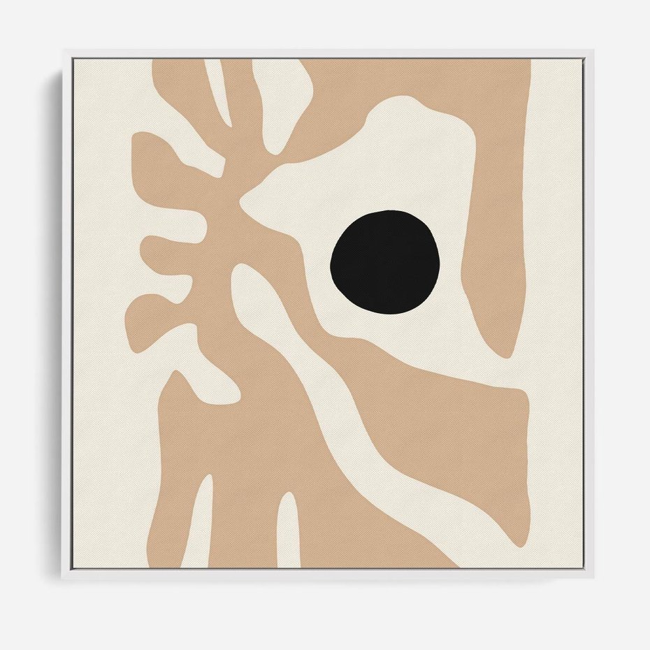 Obraz w ramie 80x80 - Eksploracja Abstrakcji - beżowa absrakcyjna kompozycja, czarny akcent - rama biała