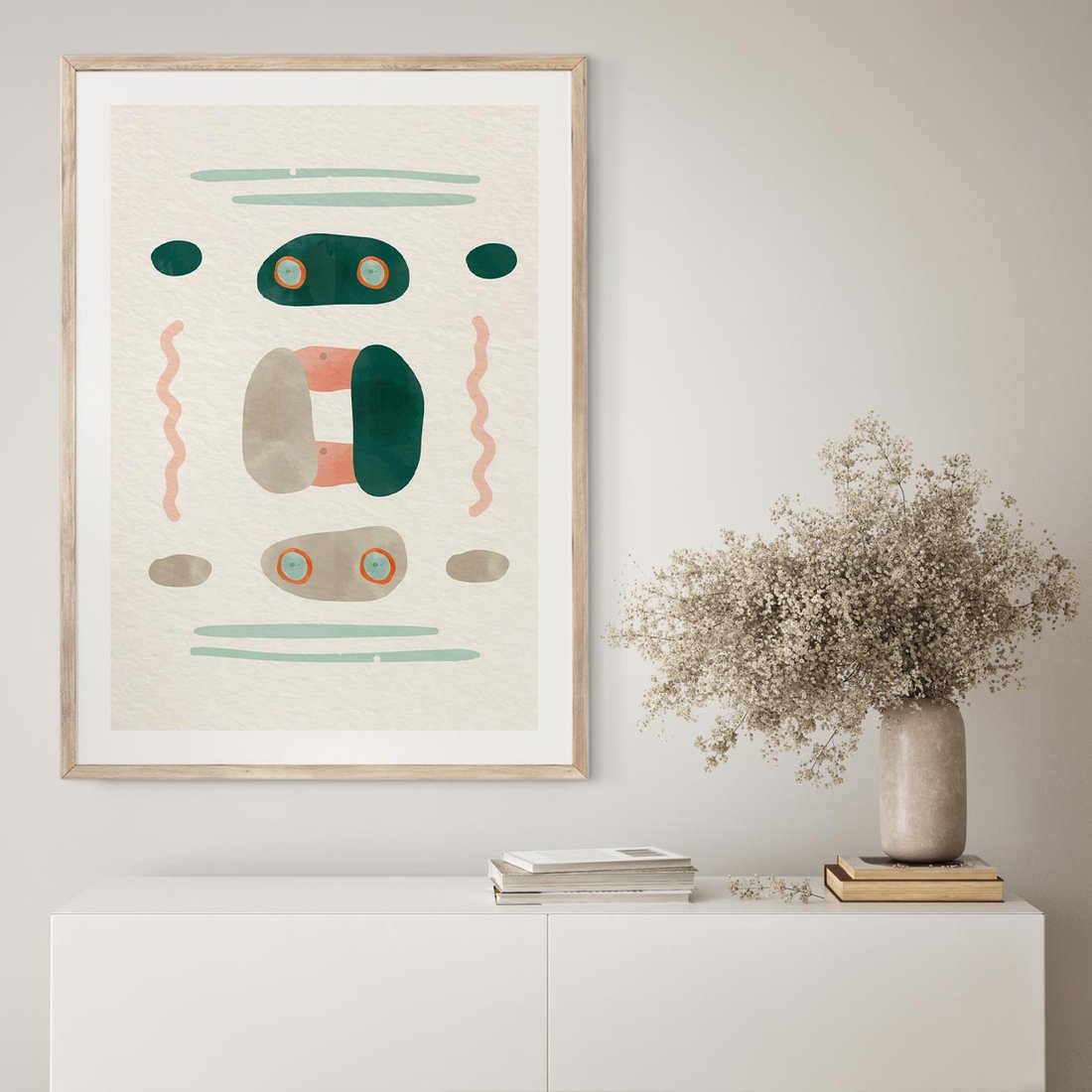 Plakat w ramie 50x70 - Tańczące Kształty Natury - przypadkowe abstrakcyjne wzory, pomarańczowy i zielony - rama drewno