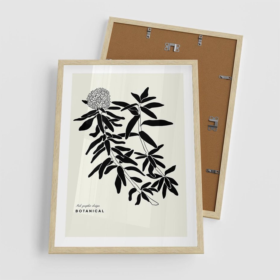 Plakat w ramie 50x70 - Szept kwiatowej wyobraźni - czarno biała grafika, roślinność - rama drewno