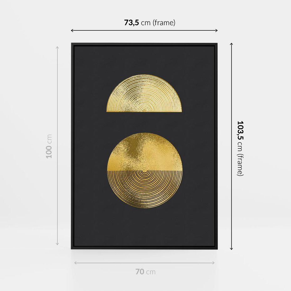 Obraz w ramie 70x100 - Migotliwe Przeniknięcia - złote koła, czarne tło - rama czarna