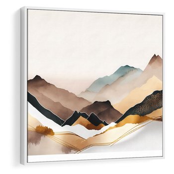 Obraz w ramie 80x80 - Góry Tonące w Pastelach - złote pastelowe góry, akwarela - rama biała