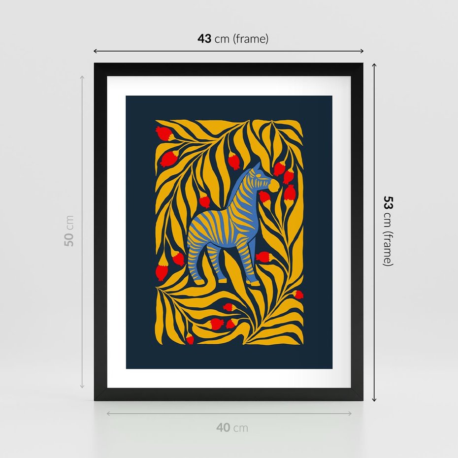 Plakat w ramie 40x50 - Wibracje Wyobraźni - zebra, granatowe tłó - rama czarna