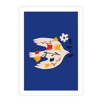 Plakat bez ramy 21x30 - Bezczasowy Szept - niebieskie tło, abstrakcyjny biały ptak